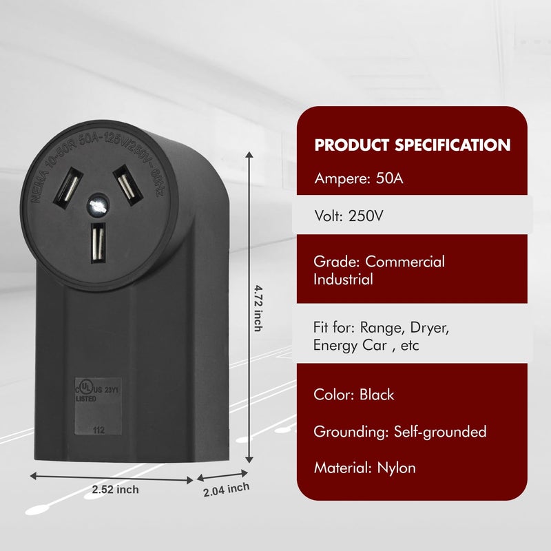 micmi NEMA 10-50R Receptacle 3-Pole 3-Wire Surface Mount Range Power Receptacle, Industrial Grade 50A 125/250V UL Listed, Black (NEMA 10-50R) - Image 3